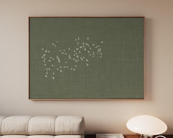 Flock of Birds Horizontal Canvas Artwork, Nature Inspired Calming Green Landscape Orientation Wall Art, Framing Options, USA Shipping
