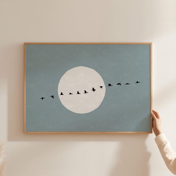 Japanese Flock of Birds Horizontal Art Print, Japandi Style Blue Minimalistic Wall Art, Full Moon Geese Horizontal Poster