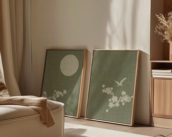 Japanese Heron Diptych Wall Art Set of 2, Green Linen Look Canvas Prints, Luxury Japandi Nature Decor in Floating Frames