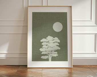 Japandi Wabi Sabi Green Minimalist Tree Art Poster, Hygge Colori organici Calmante strutturato da appendere alla parete, Stampa artistica