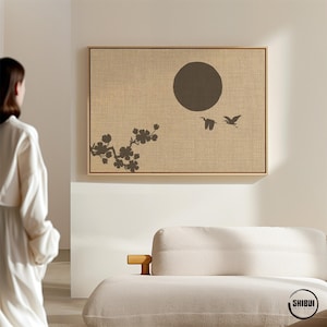 Japandi Heron Blossom Sun Horizontal Canvas Artwork, Beige Sepia Minimalist Nature Print, Floating Frame Statement Piece