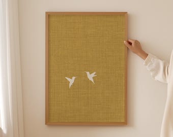 Colorful Hummingbird Wall Art, Mustard Yellow Poster, Original Anniversary Gift, Love Birds Symbol for Modern Minimalist Decor