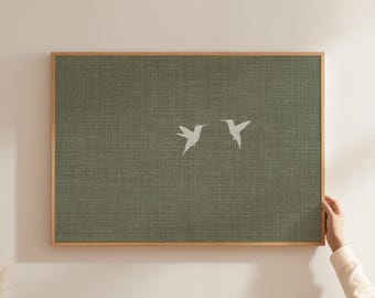 Meaningful Couple Gift, Hummingbird Horizontal Wall Decor, Love Harmony Partnership Present, Japandi Wall Art, Green Linen Look Poster