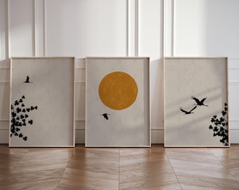 Japanese Set of 3 Posters, Crane Birds Sun Blossom Silhouette Japandi Style Triptych, 3-Piece Concrete Gray Wall Art available up to XXL