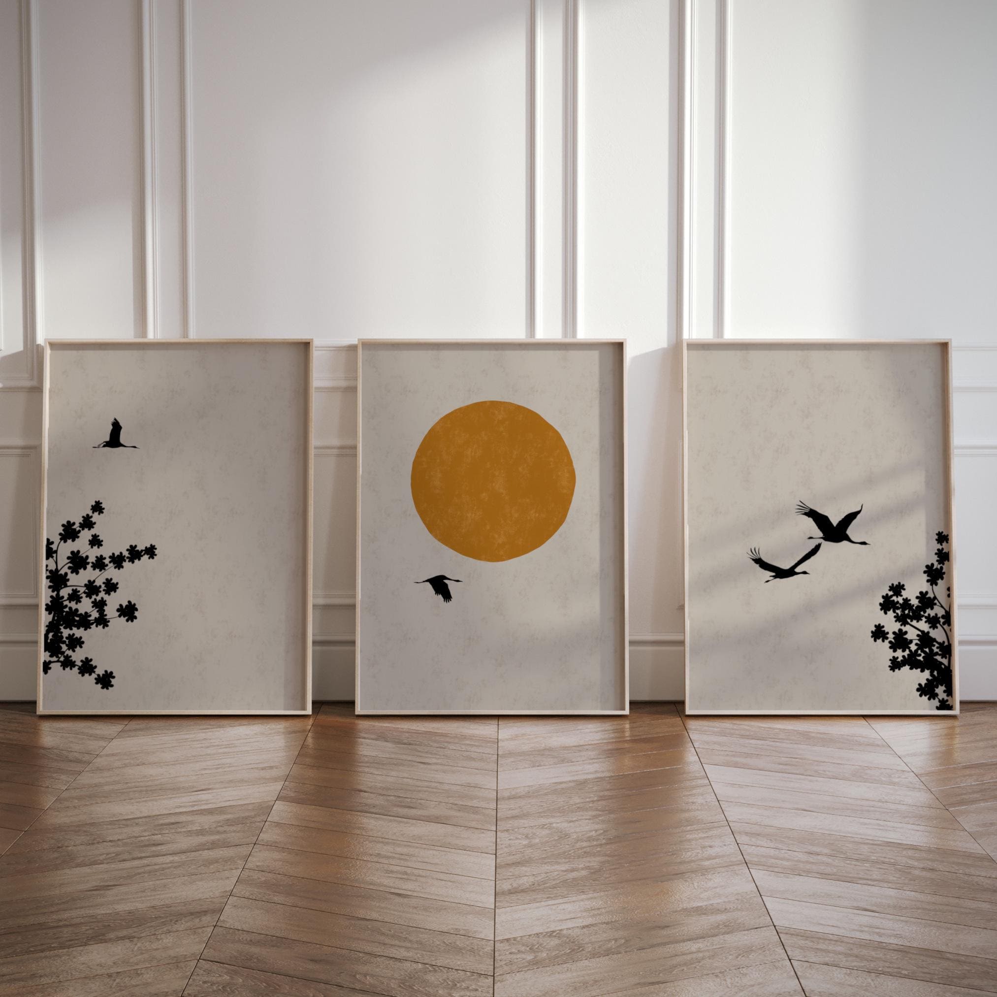 Japanese Set of 3 Posters, Crane Birds Sun Blossom Silhouette