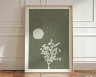 Sage Green Japandi Interior Home Decor, Japanese Cherry Blossoms Sun Art Poster, Giclee Prints Landscape