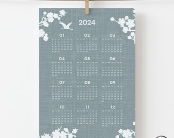 Large Japandi Wall Calendar 2024, Blue Illustrated Japanese Art Calendar, Year-at-a-glance Poster, Nature Blossom Crane Birds Calendar
