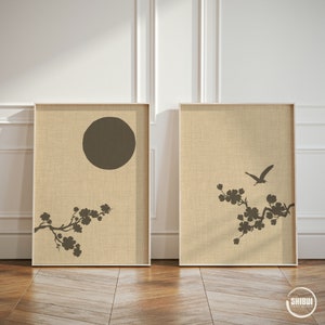 Set di 2 stampe artistiche minimaliste Japandi, opere d'arte dittico con airone giapponese in fiore e sole, 2 poster da parete con Sakura beige