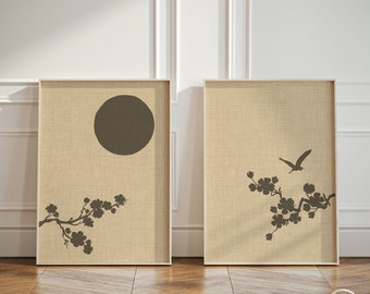 Set of 2 Minimalistic Japandi Art Prints, Japanese Heron Blossom Sun Diptych Artworks, 2 Piece Beige Sakura Wall Art Posters