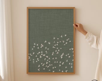 Japandi Wall Art with Flock of Birds, Japanese and Asian Inspired Poster with Bluegreen Linen Background
