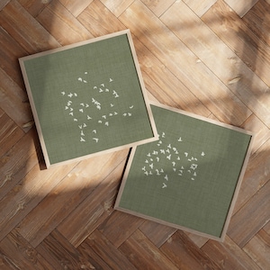 Set di 2 stampe verdi: arte murale giapponese, decorazione minimalista, stormo di uccelli quadrato, dittico naturalistico, arte murale giapponese testurizzata