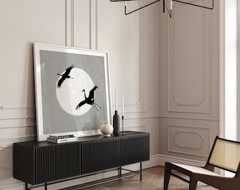 Japandi Black Crane Birds Poster quadrato minimalista, Calming Hygge Beton Grey Wabi Sabi Wall Art, Stampa d'arte