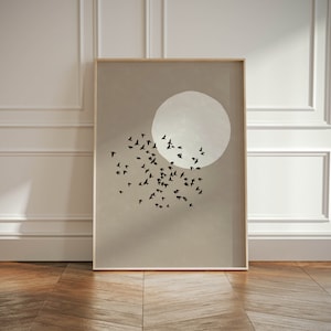 Arte de pared imprimible con bandada de pájaros en colores neutros, impresión artística en topo con siluetas de pájaros y luna, arte de pared wabi sabi, póster artístico