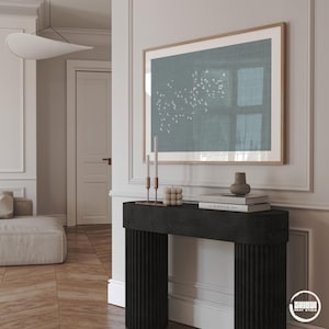 Horizontal blue linen minimalist poster displayed in a nordic home decor.