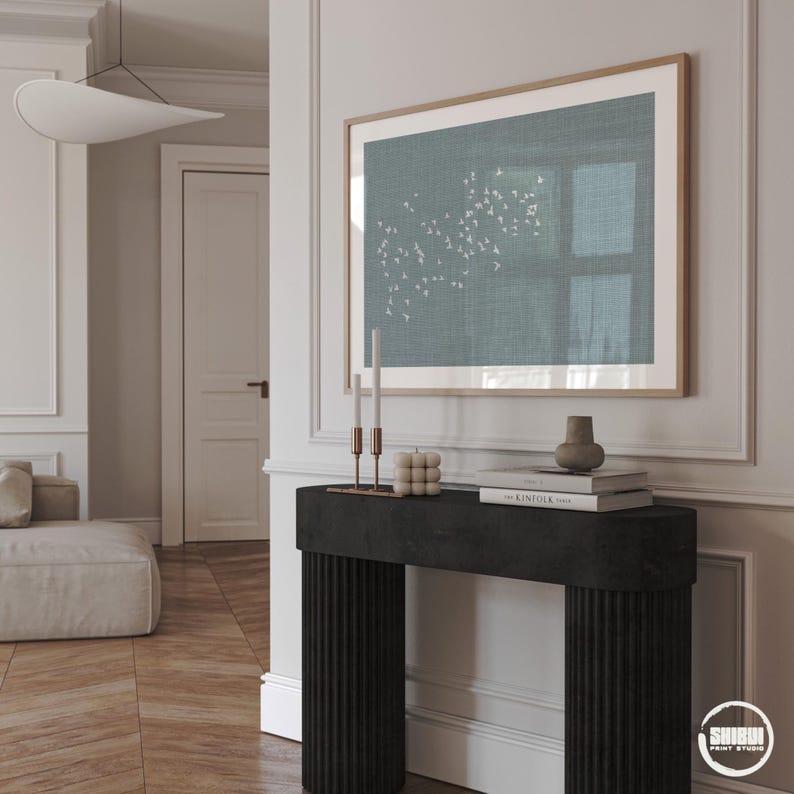 Horizontal blue linen minimalist poster displayed in a nordic home decor.