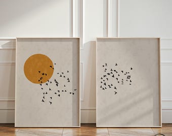 Calming Japandi Minimalistic Diptych Poster Set with Flock of Birds and Sun, Concrete Gray Japanese Style Home Decor Set of 2 Art Prints