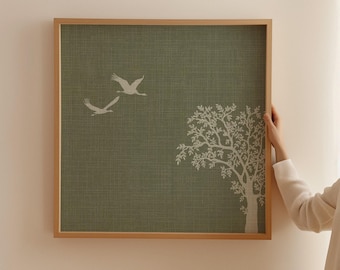 Calming Green Square Wall Art, Abstract Crane Birds Tree Linen Art Poster, 10x10 12x12 16x16 20x20 24x24 28x28 Japandi Art Print