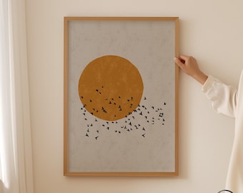 Mid-Century Modern Japandi Poster with Flock of Birds Concrete Gray, Japanese Sun Silhouette Wall Art, available up to XXL 24x36" 61x91cm A1