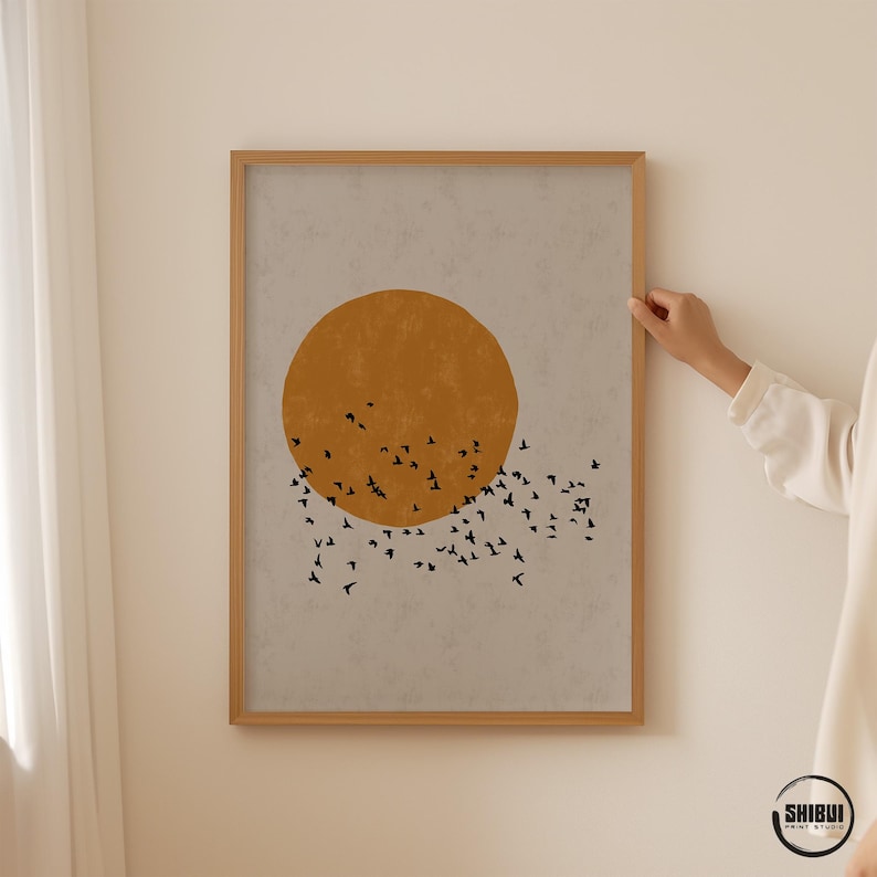 Mid-Century Modern Japandi Poster with Flock of Birds Concrete Gray, Japanese Sun Silhouette Wall Art, available up to XXL 24x36" 61x91cm A1 image 5