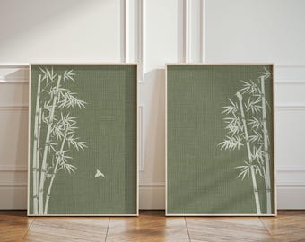 Wall Art Set of 2 in Japandi Style, Japanese Inspired 2 Piece Nature Calming Poster Set with Green Background Birds and Bamboo