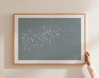 Poster met vliegende vogels, minimalistische vogelkunst | Horizon blauw-witte muurdecoratie, Japandi-stijl | Moderne vogelsilhouet, Scandinavische rustgevende print