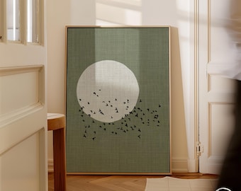 Mid Century Modern Industrial Wall Art Birds Moon Green Canvas, Linen Look Style Print, Extra Large Floating Frame Artwork