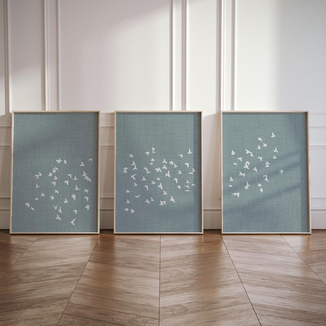 Set of 3 Blue Japandi Wall Art Prints | Minimalistic Flock of Birds ...