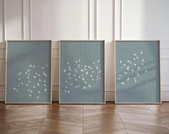 Set of 3 Blue Japandi Wall Art Prints | Minimalistic Flock of Birds Japanese Posters | Scandinavian Linen Look Home Decor