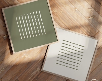 Minimalist Green Abstract Set of 2 Square Poster, Japandi Wabi Sabi Organic Colors Diptych Wall Decor, Art Prints