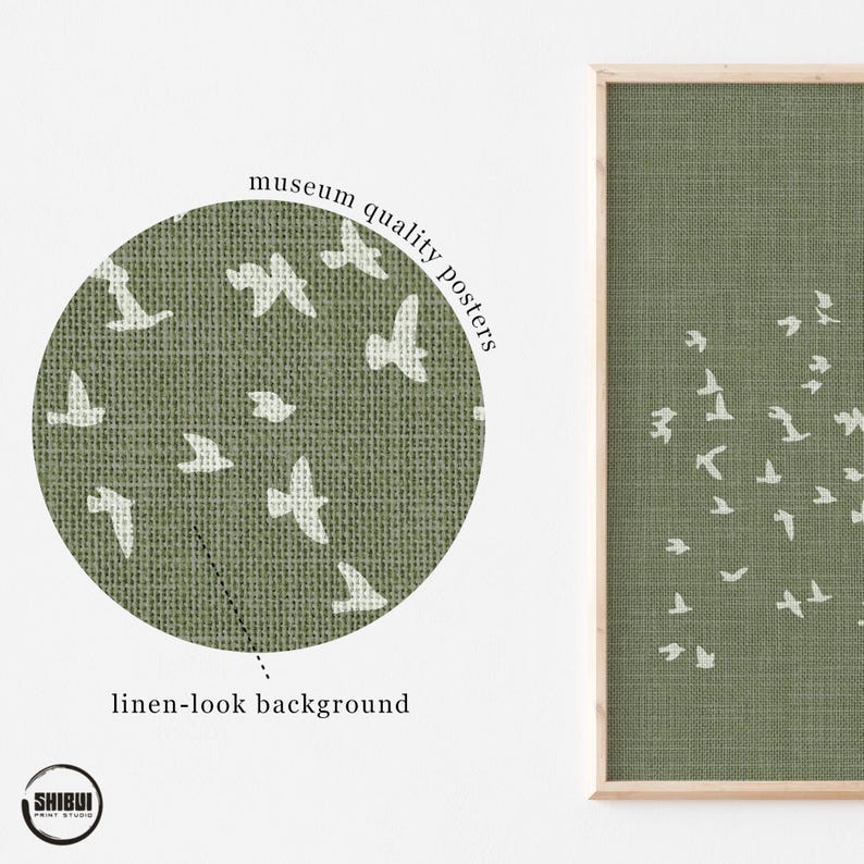 Set minimalista di 3 stampe di stormi di uccelli - Arte murale Japandi in lino verde, 3 pezzi / Decorazione per la casa in stile giapponese / Stampe murali tranquille e moderne immagine 2