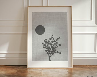 Poster Japandi Hygge Tree, fiori di ciliegio grigio argento, arte da parete minimalista, stampe d'arte per interni giapponesi