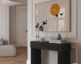 Horizontal Japandi Style Wall Art with Crane Birds Sun Blossom Silhouette, Available up to XXL 36x24 inch, 91x61cm and A1