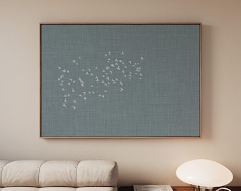 Japandi Nordic Horizontal Flying Birds Canvas, Minimalistic Flock of Birds Blue Linen-Look Wall Art available in Extra Large Sizes