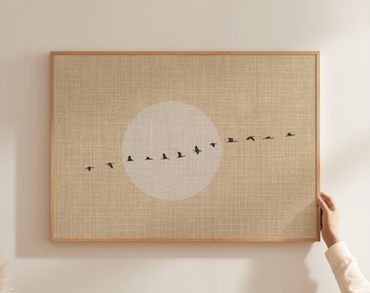Full Moon Flock of Birds Horizontal Art Poster, Beige Minimalistic Japandi Wall Art, also available XXL 100x70 cm 24x36 Inch