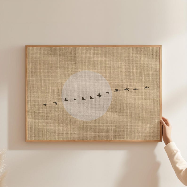Full Moon Flock of Birds Horizontal Art Poster, Beige Minimalistic Japandi Wall Art, also available XXL 100x70 cm 24x36 Inch image 1