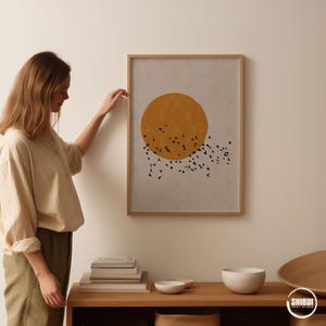 Mid-Century Modern Japandi Poster with Flock of Birds Concrete Gray, Japanese Sun Silhouette Wall Art, available up to XXL 24x36" 61x91cm A1 image 7