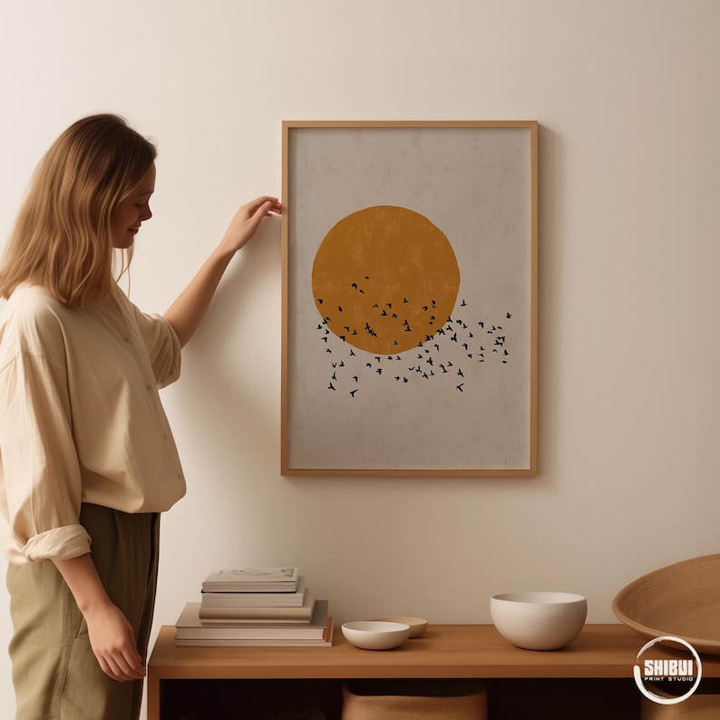 Mid-Century Modern Japandi Poster with Flock of Birds Concrete Gray, Japanese Sun Silhouette Wall Art, available up to XXL 24x36" 61x91cm A1 image 7