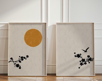 Set of 2 Japan Inspired Art Posters, Japandi Diptych with Crane Birds Blossom Sun, Concrete Gray Wall Art up to XXL 24x36" A1 70x100cm