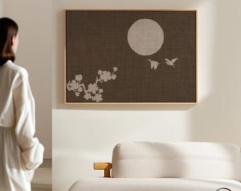 Chocolate Brown Horizontal Framed Canvas, Japandi Minimalist Wall Art with Herons Sun Silhouette, Statement Piece Floating Frame