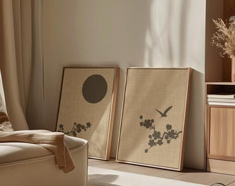Japandi Heron Wall Art Set of 2 Canvas in Floating Frame, Japanese Diptych with Blossom Branches & Sun, Beige Minimalist Decor