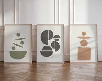 Japandi Inspired Set of 3 Prints, 3-Piece Wall Art with Abstract Organic Shapes Figures, Japanese Minimalist Set