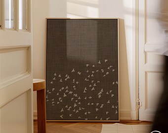 Luxury Flock of Birds Canvas with Brown Linen-Look Background, Framed Wall Art for Japandi Organic Modern Wabi Sabi Home Decor, USA Shipping