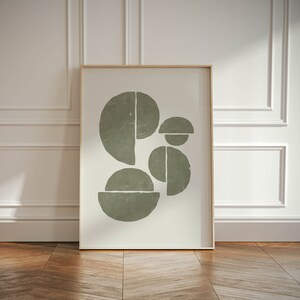 Sage Green Wabi Sabi Organic Shapes Art Poster in modern living room setting.