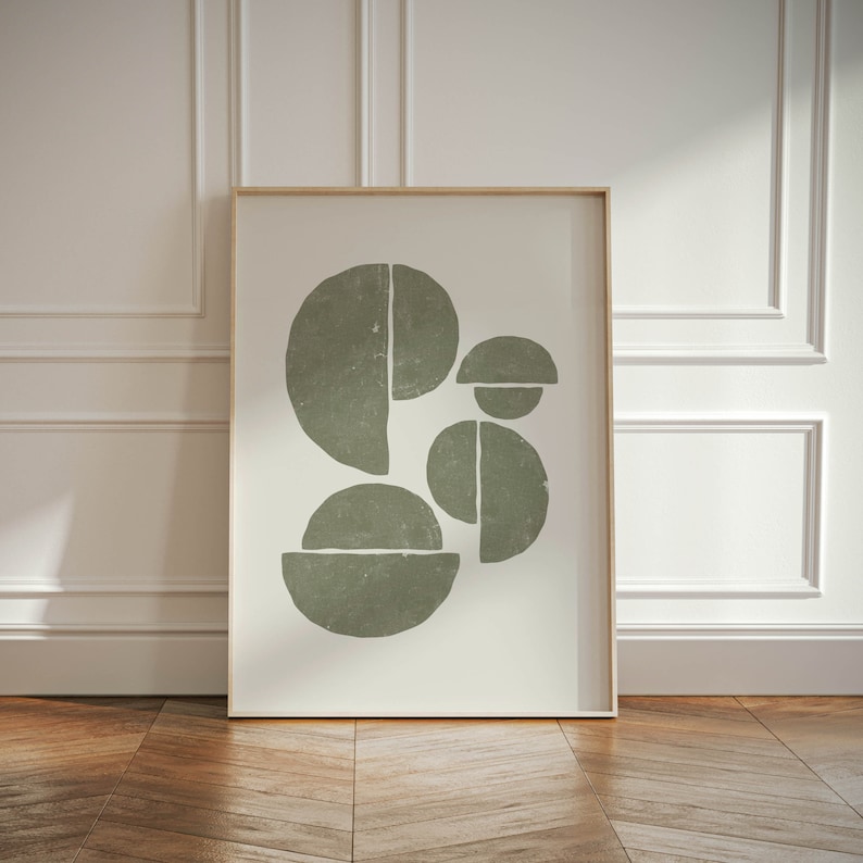Sage Green Wabi Sabi Organic Shapes Art Poster in modern living room setting.