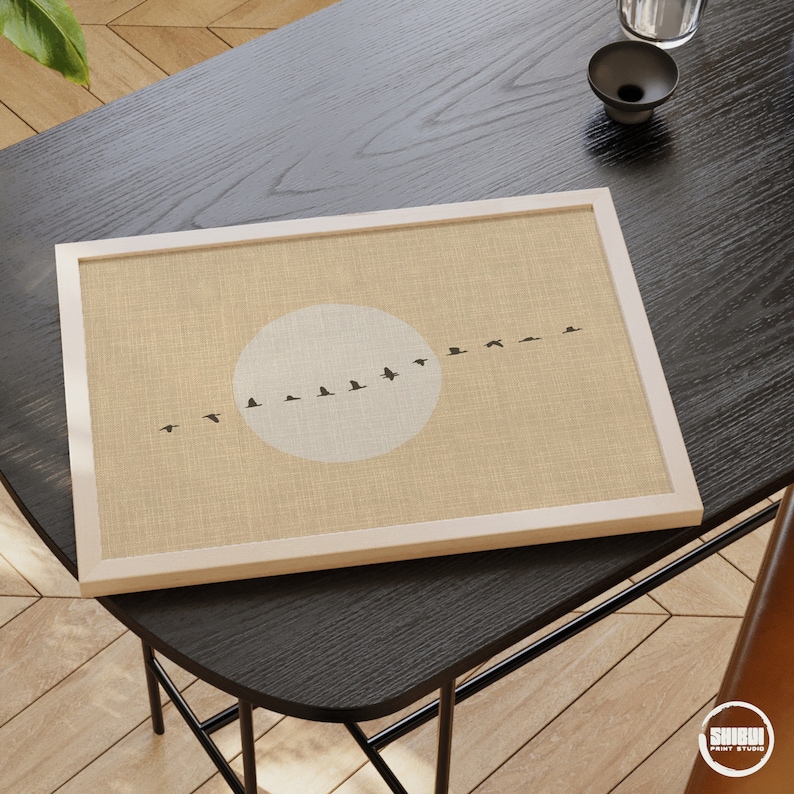 Horizontal beige art print with flock of geese, printed with linen textured look.