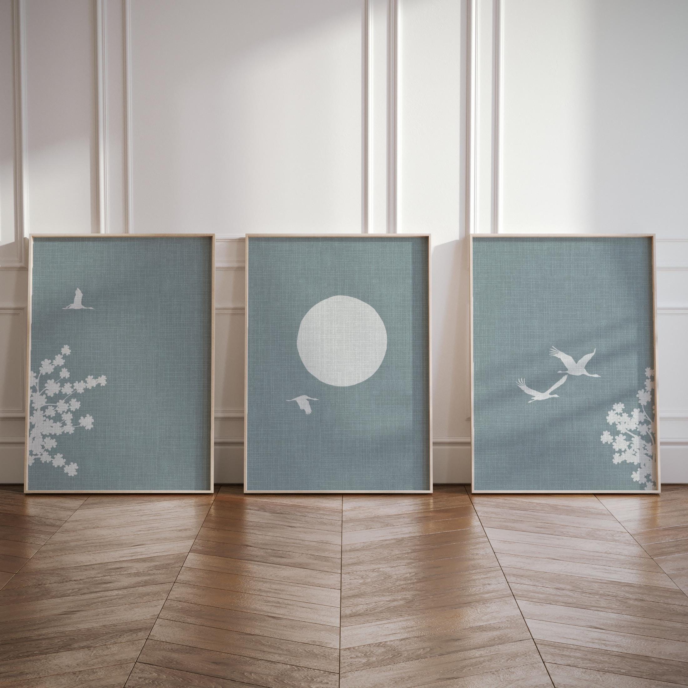 Japanese Triptych Crane Birds Wall Art, Set of 3 Natural Blue Modern ...
