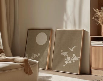 Extra Large Statement Piece Set of 2 Canvas, Beige Taupe 2-Piece Canvas with Heron Blossom Sun, Japandi Minimalist Scandinavian Interior