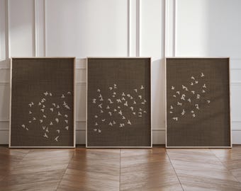 Brown Japandi Flock of Birds Set of 3 Posters, 3-Piece Minimalist Wall Art, Above Bed Wabi Sabi Home Decor