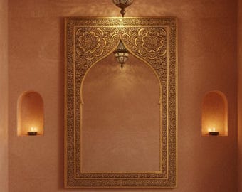 May include: An interior shot of a spa-like bathroom with peach-colored walls, ornate gold-framed mirror, and hanging lanterns. A marble bathtub with rose petals sits in the foreground, with rolled white towels and potted plants adding to the serene atmosphere.