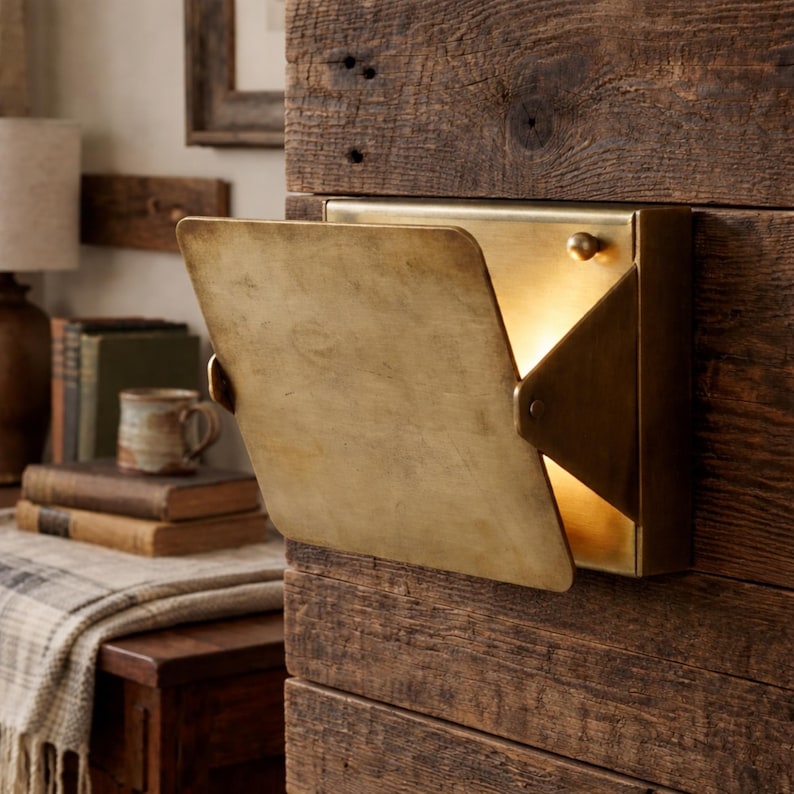 May include: A brass wall sconce with a hinged, rectangular cover, mounted on a rustic wooden surface. The sconce's interior glows with warm light, creating a cozy ambiance. The cover is open, revealing the light source.